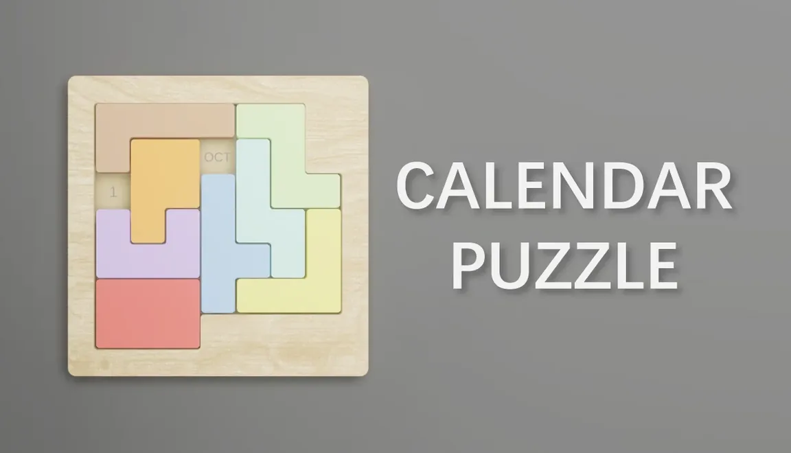 Calendar Puzzle key art: colourful wooden pieces fitted into a frame to reveal OCT, with the title in white on the right