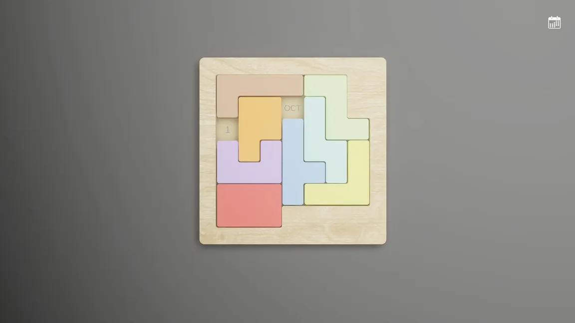 Calendar Puzzle gameplay: a wooden calendar frame filled with colourful pieces revealing OCT and the number 1