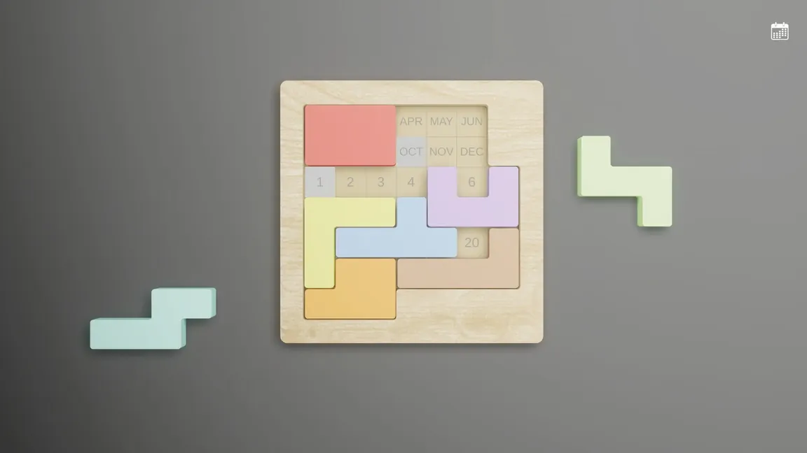 Calendar Puzzle gameplay: the calendar frame showing month and date, with some pieces placed and two still outside