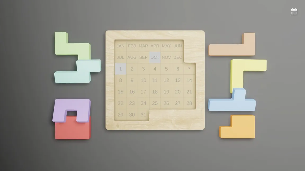 Calendar Puzzle gameplay: the calendar frame showing days 1 to 31 with eight colourful pieces scattered outside