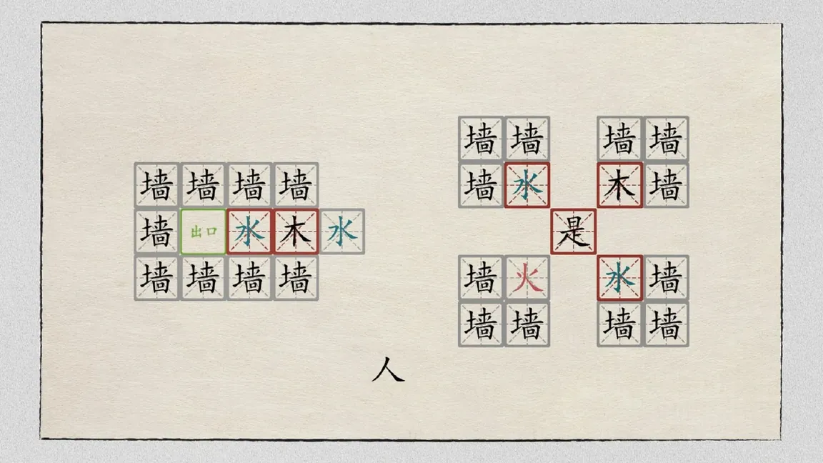 汉字大冒险 level: three square formations of wall characters with exit, 水, 木, 火, 是 tiles and a lone 人