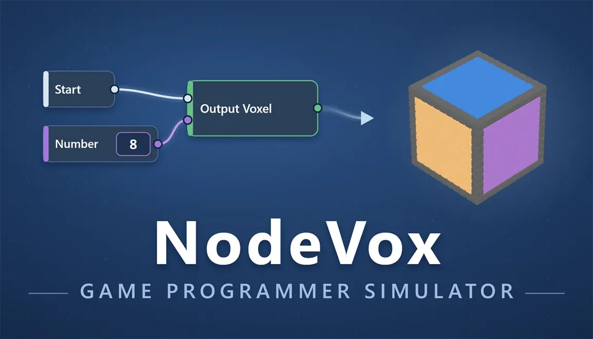 NodeVox key art: Start and Number nodes wired to an Output Voxel node that generates a voxel block