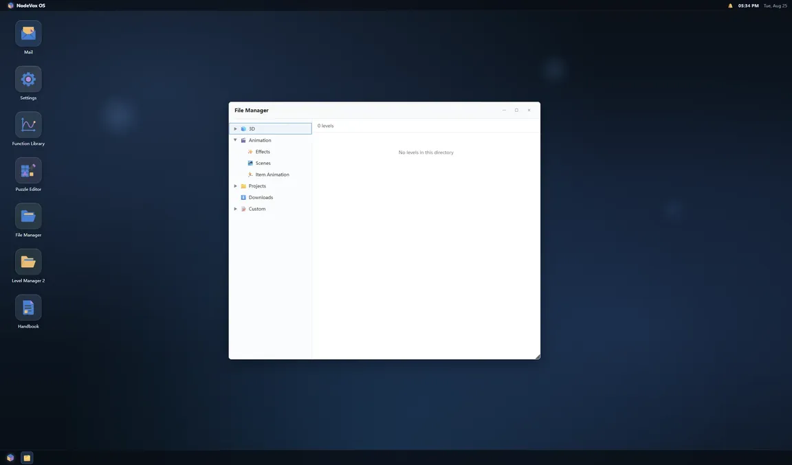 NodeVox OS desktop: app bar icons on the left and an open file manager window